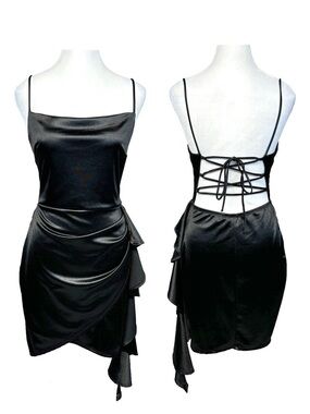 Windsor Black Sexy Mini Dress Lace Up Tie Back Ruffle Club Party Juniors Large